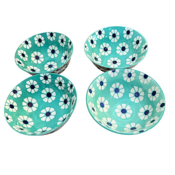Retro Style Kitchen Bowls Set of 4 Flower Power All Purpose Blue Aqua Soup Salad - Picture 4 of 16